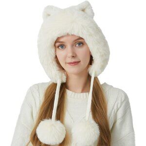 Women Cream White Winter Peruvian Cover Ears Beanie Hat Ear Flaps Sherpa Snow